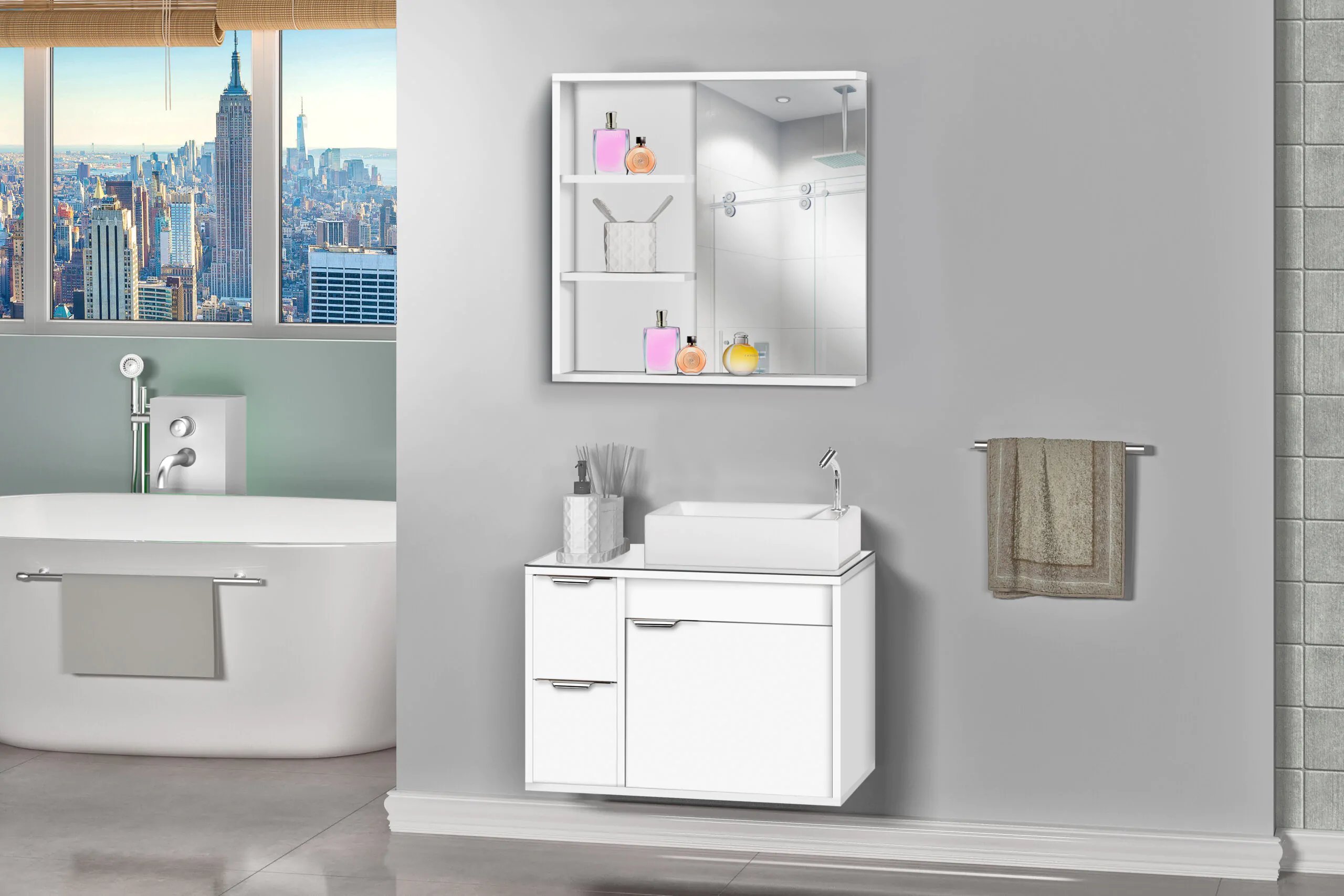 Kit Gabinete para Banheiro Veneto 60 c/ Vidro - MM Gabinetes