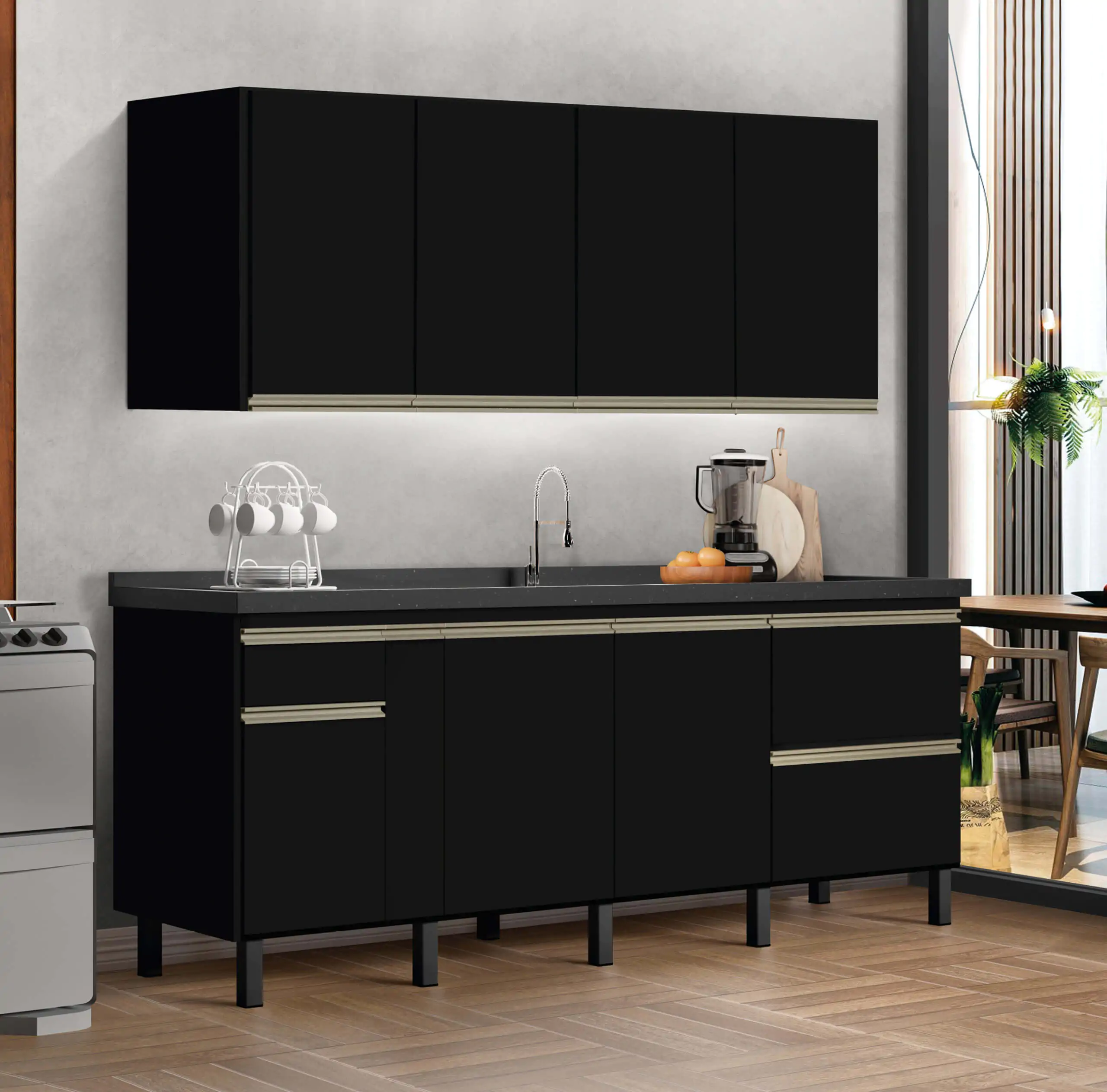 Gabinete de Cozinha Munique Black Intense 2m - MM Gabinetes